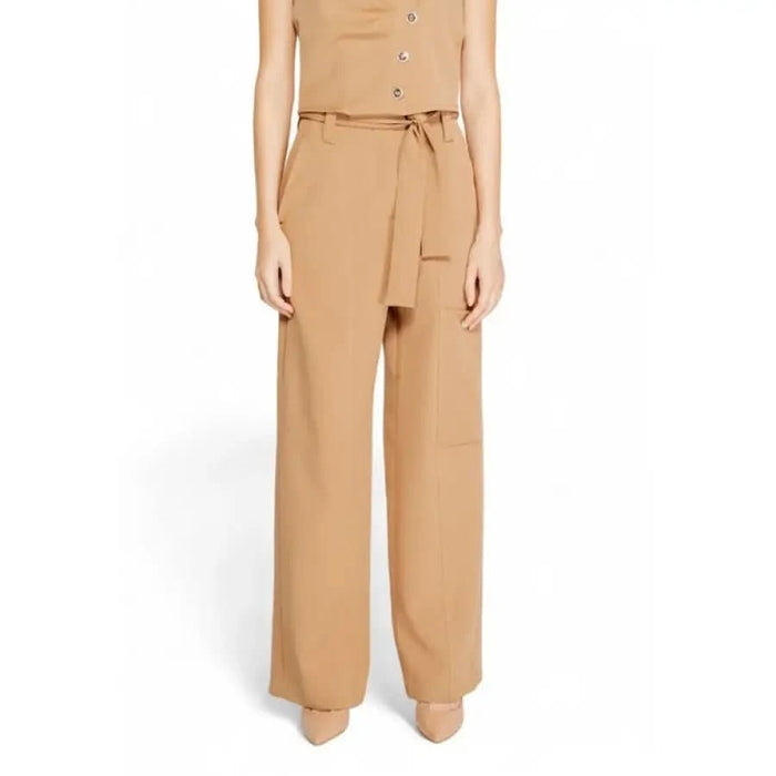 Wide-leg camel-colored trousers with a tie belt from Rinascimento Women Trousers collection