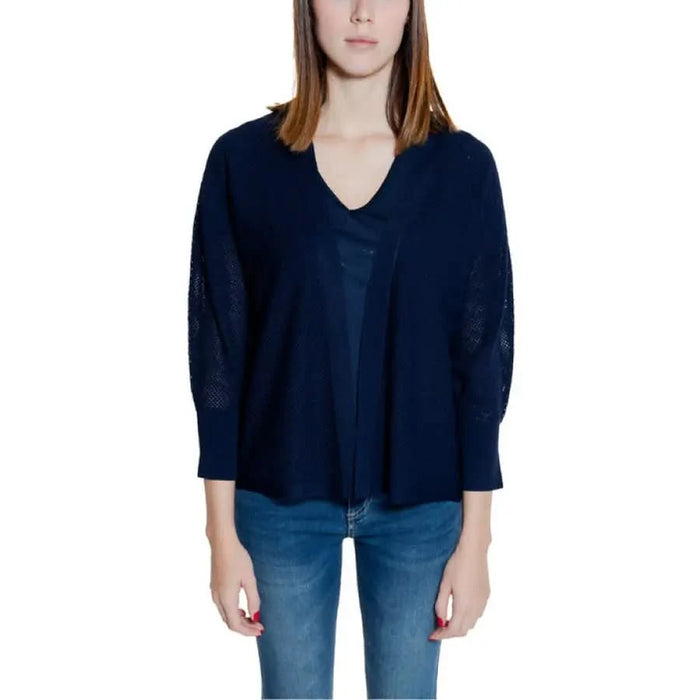 Woman in urban navy blue cardigan sweater - Street One Women’s Clothing