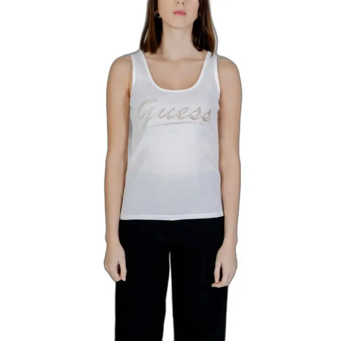 Woman in Guess women undershirt with ’love’ on white tank top