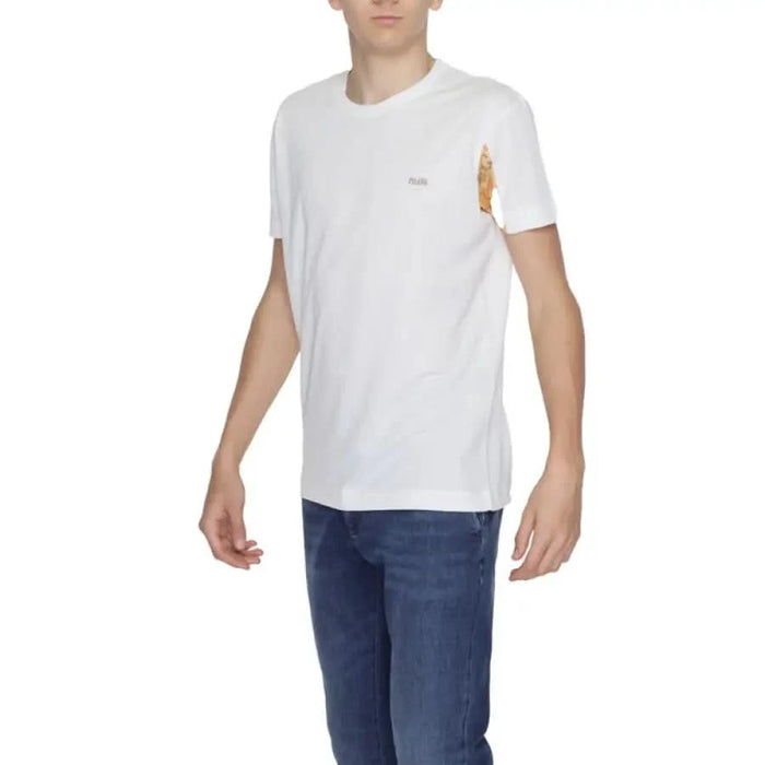 Young boy in Alviero Martini Prima Classe white T-shirt and jeans