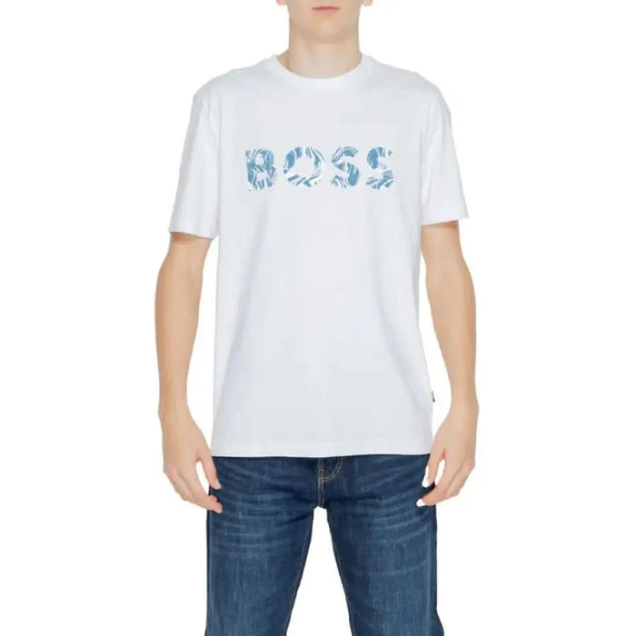 Young man in white graphic tee from Boss - Boss Men T-Shirt, urban style clothing